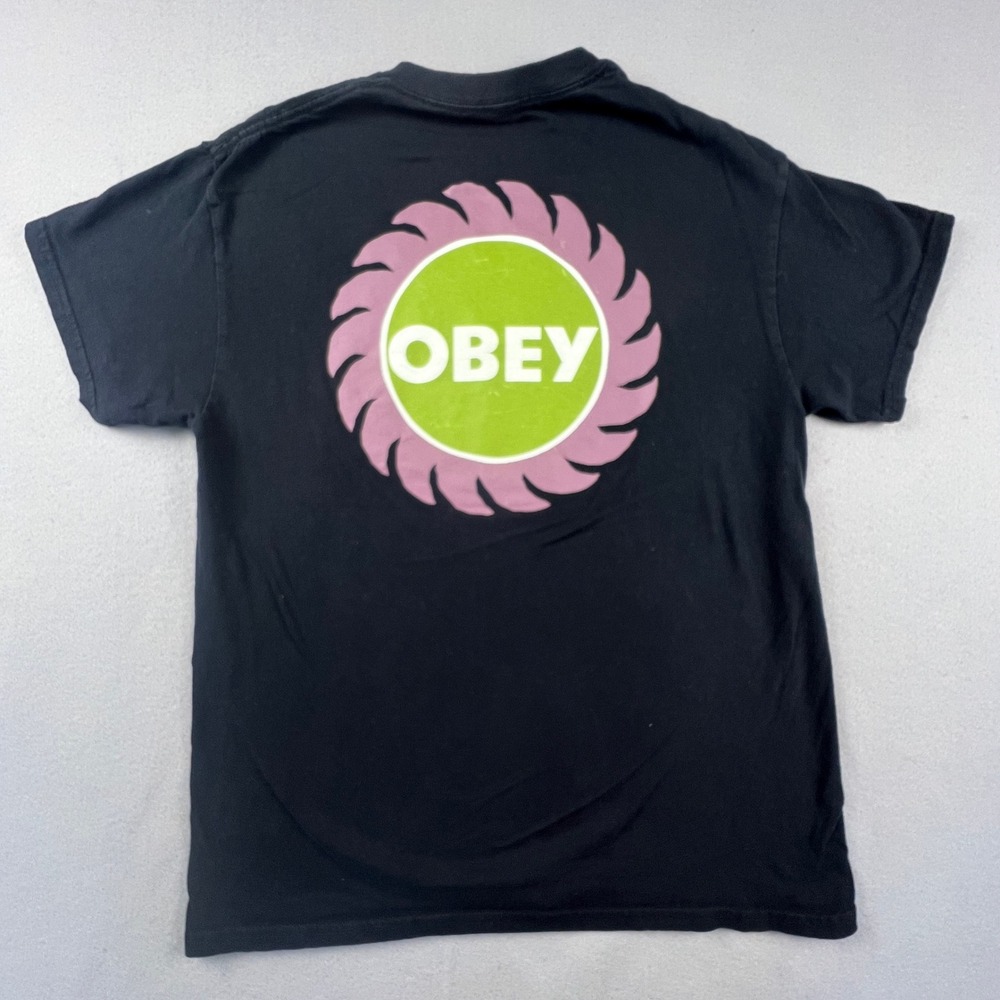Obey T-Shirt Mens Medium World Flames Black Pink Green Logo Streetwear Skate Tee